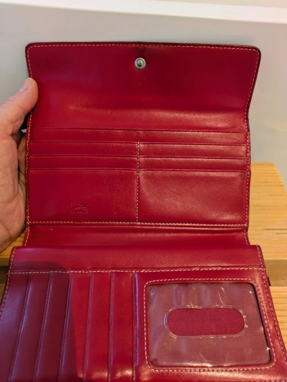Lodis Black Leather Trifold Continental Wallet Red Interior Classic Vintage.